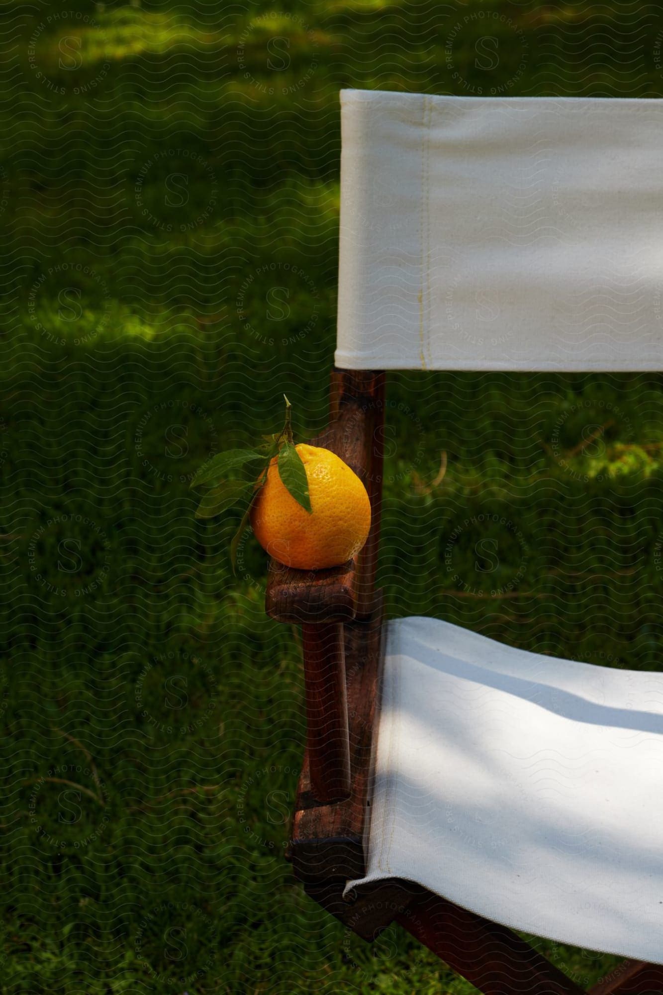 Eine frische Orange mit grünen Blättern liegt auf der Armlehne eines Holzstuhls in einem Sommergarten.